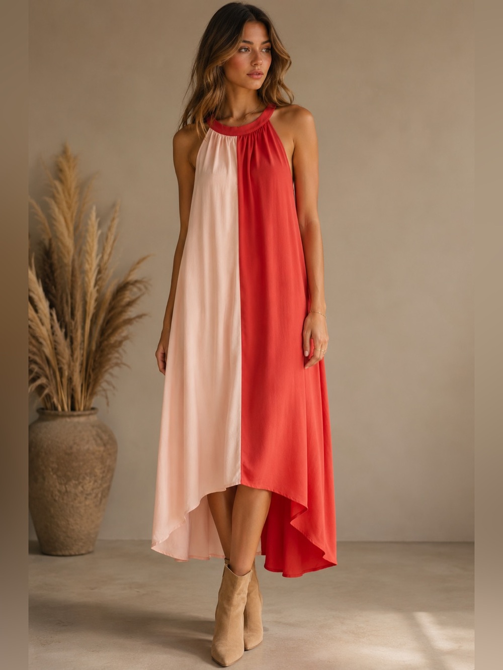 HISMOS NWT Made in Italy Color-Block Maxi Dress Blush/Coral Small